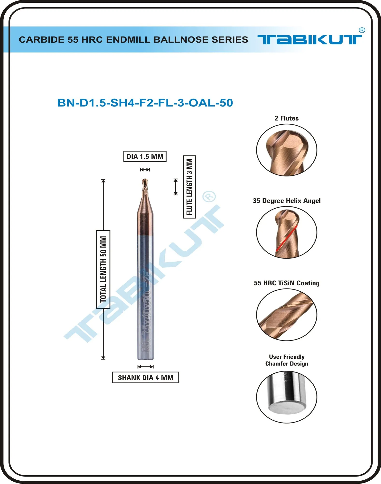 1.5 Mm Carbide Ballnose 55 HRC PACK OF 2