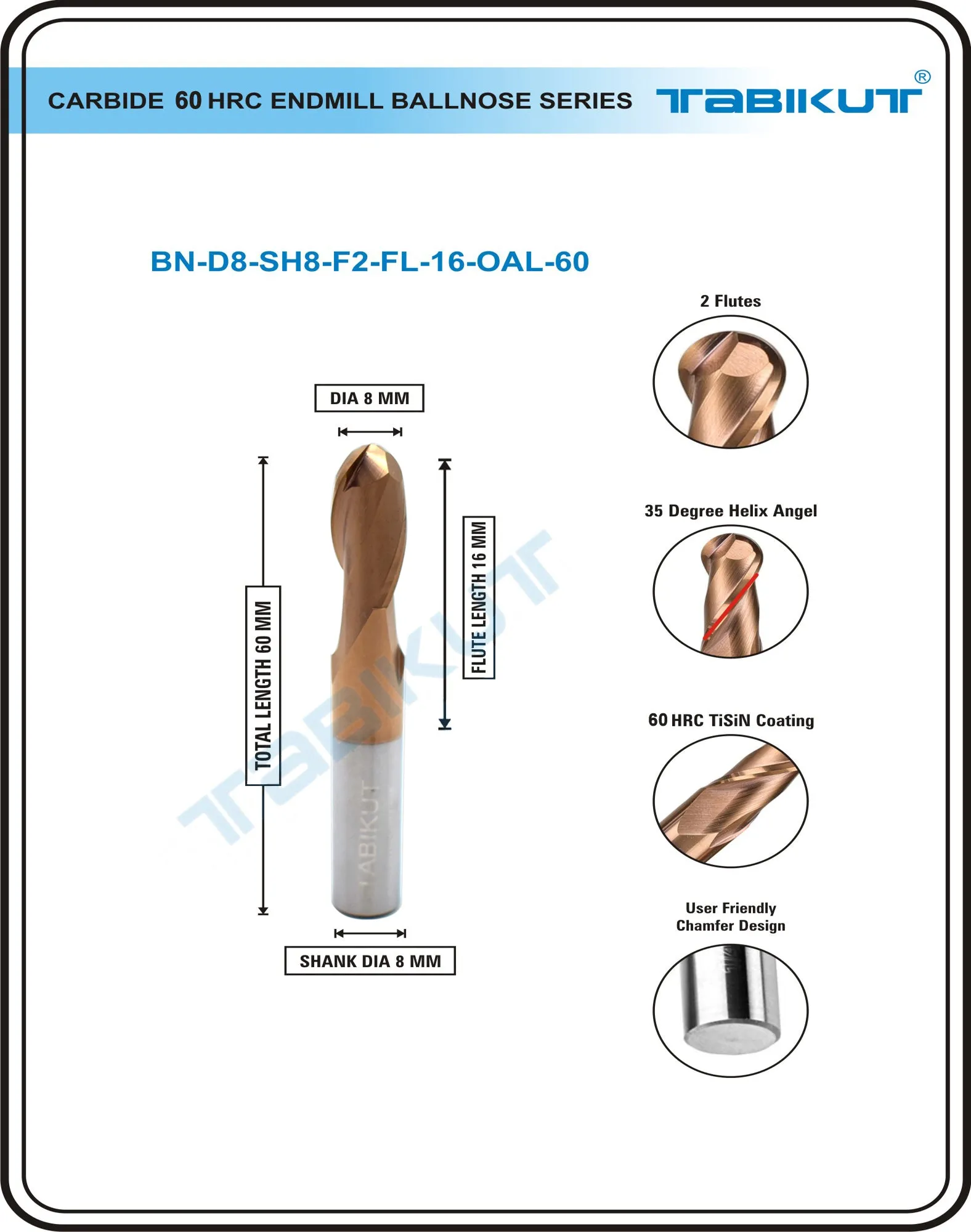 8 mm Carbide Ballnose 60 HRC PACK OF 1