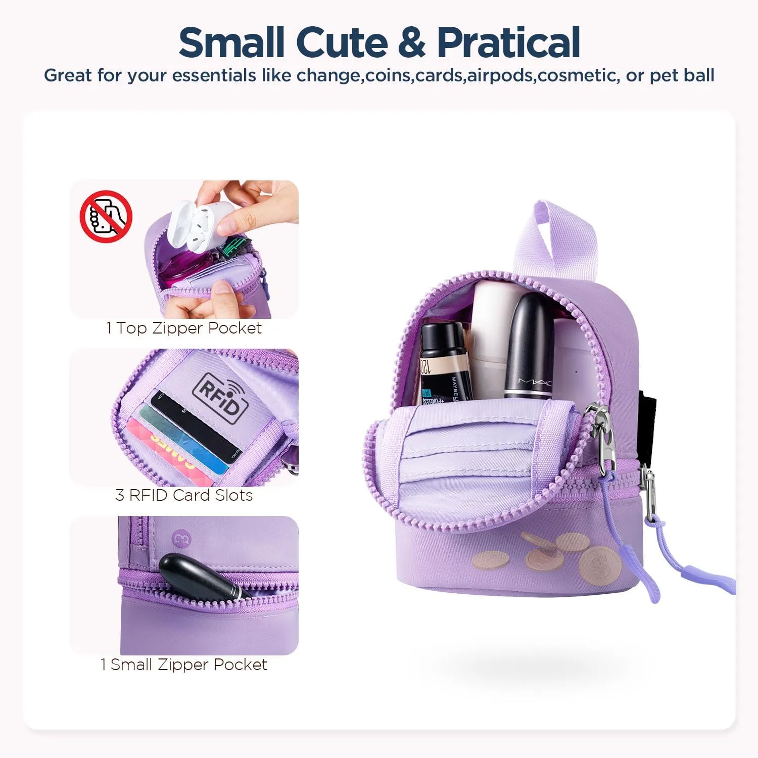 Babysun Mini Backpack Keychain Wristlet Pouch Small Change Coin Purse Cute Zipper Wallet With 3 RFID Card Slots For Women/Men Airpods Cosmetics