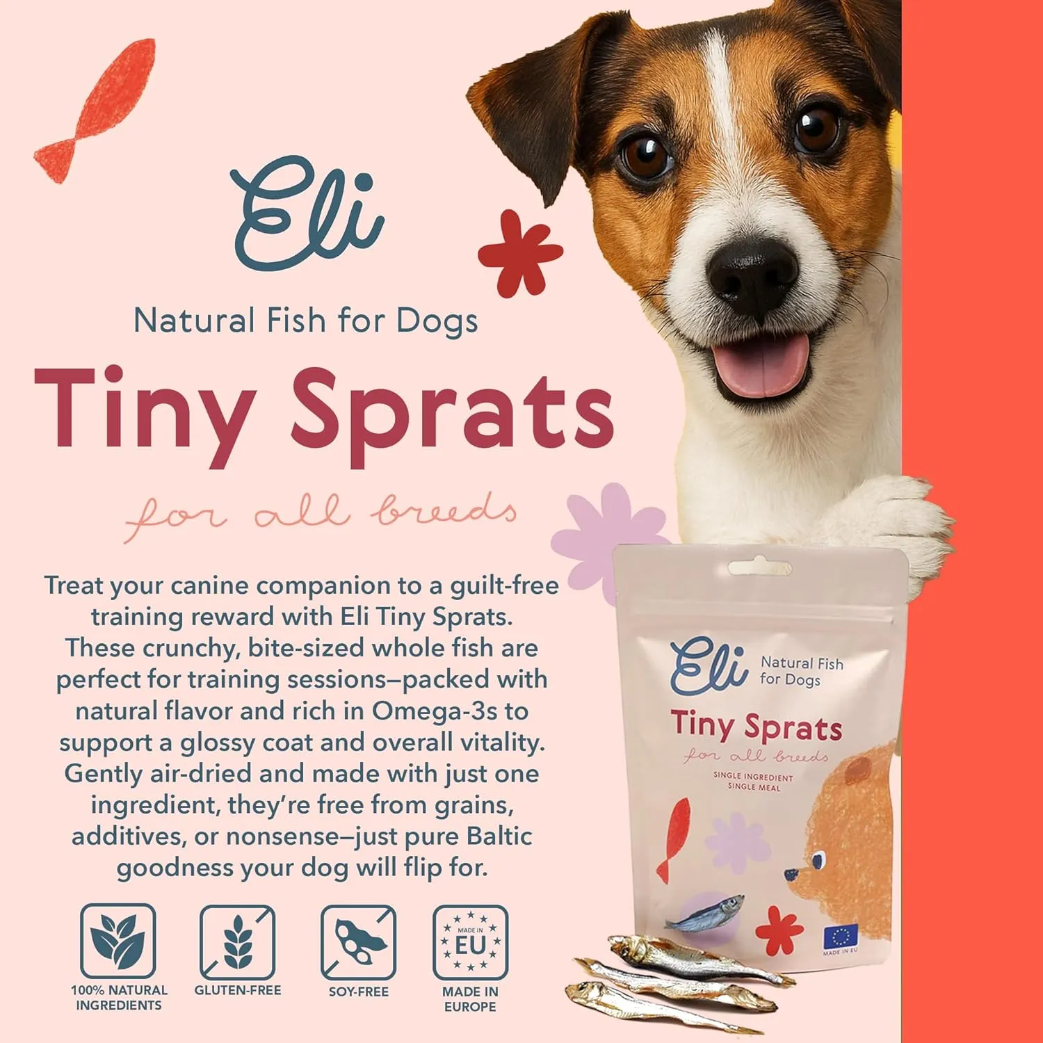 Eli Tiny Sprats  Natural Dog Treats, Whole Small Fish, High in Protein and Omega-3, Grain Free, Single Ingredient, No Additives, Gluten Free, Air Dried, Training Snack or Meal Topper  2 Pack