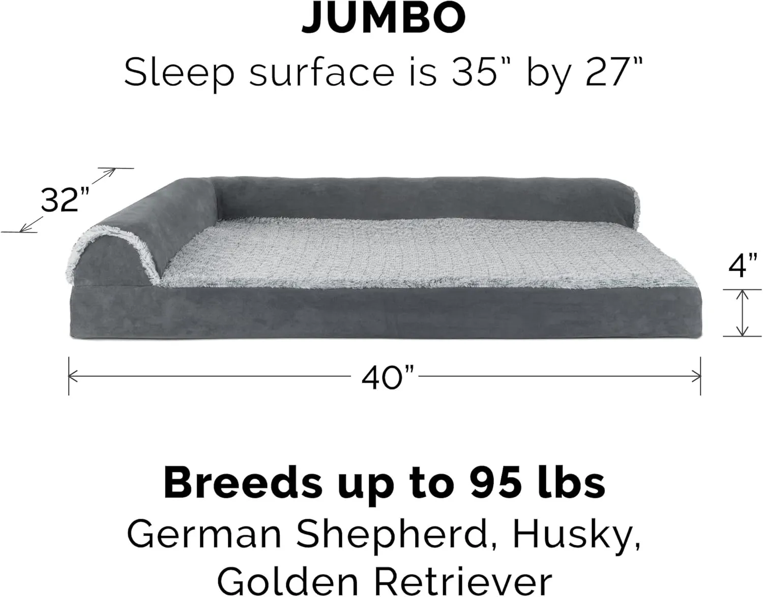 Furhaven Replacement Dog Bed Cover Two-Tone Faux Fur & Suede L Shaped Chaise, Machine Washable - Stone Gray, Jumbo (X-Large)