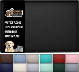 GORILLA GRIP 100% Waterproof Raised Edge BPA Free Silicone Pet Feeding Mat, Dog Cat Food Mats Contain Spills Protects Floors, Placemats for Cats and Dogs Water Bowl, Pets Accessories 18.5x11.5 Black