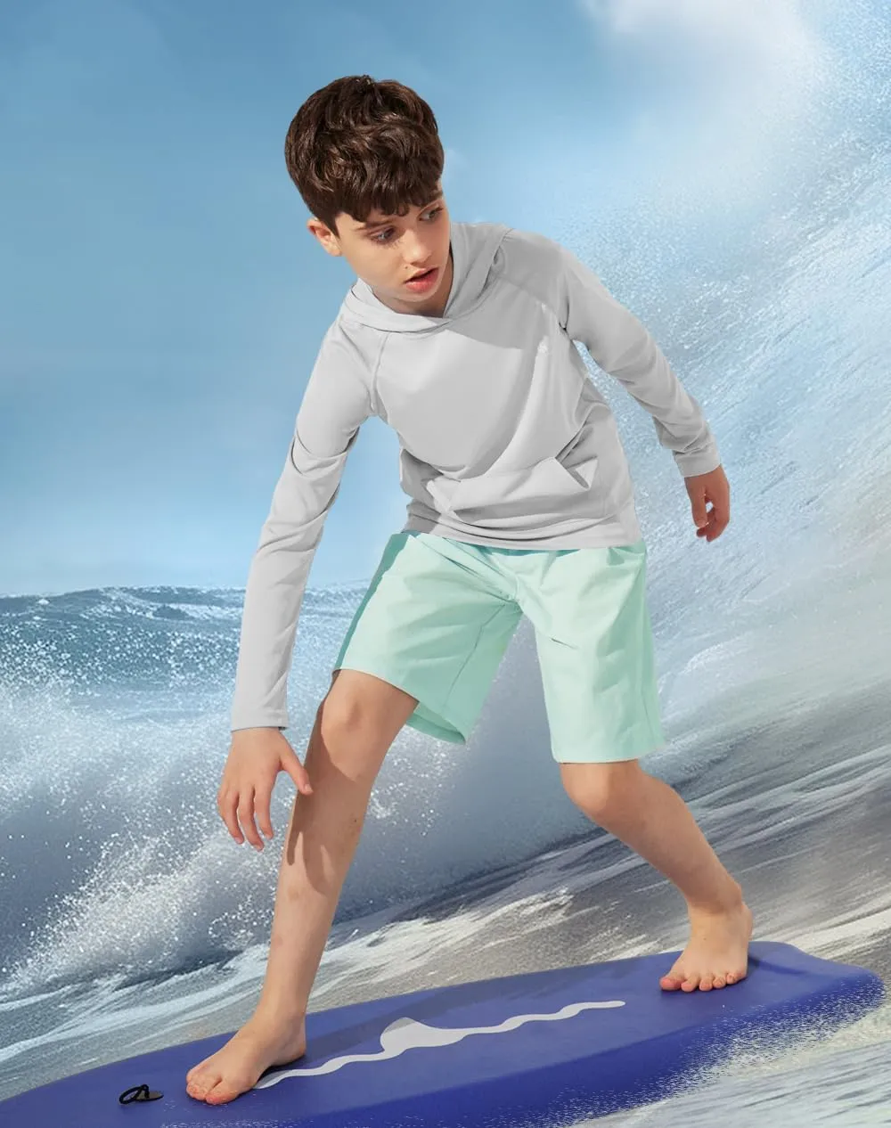 Heathyoga Rash Guard for Boys Swim Shirt UPF 50  UV Sun Protection Hooded Fishing Shirt with Pocket for Toddler Kid