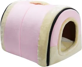Hollypet Crystal Velvet Cat Bed, Self-Warming 2 in 1 Foldable Cave House Shape Nest Pet Sleeping Bed for Cats, Pink