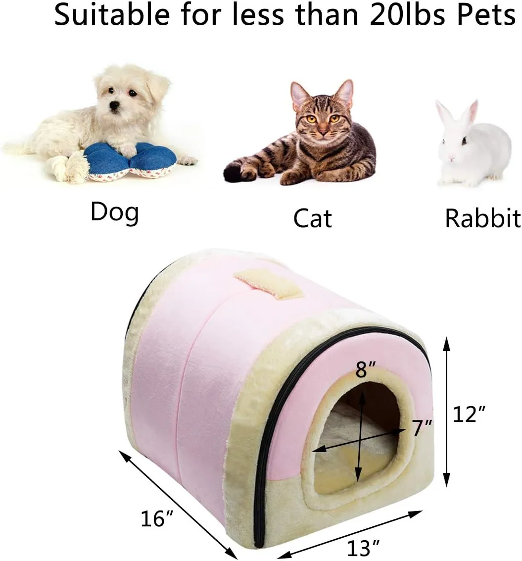 Hollypet Crystal Velvet Cat Bed, Self-Warming 2 in 1 Foldable Cave House Shape Nest Pet Sleeping Bed for Cats, Pink