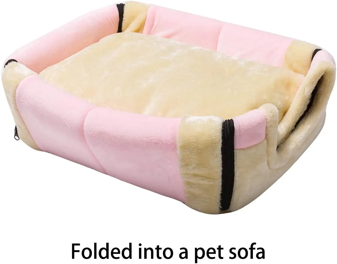 Hollypet Crystal Velvet Cat Bed, Self-Warming 2 in 1 Foldable Cave House Shape Nest Pet Sleeping Bed for Cats, Pink