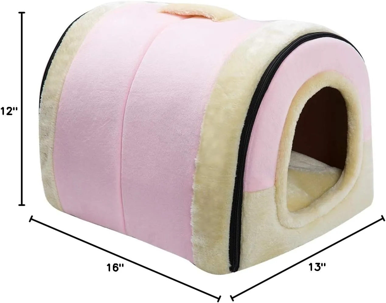 Hollypet Crystal Velvet Cat Bed, Self-Warming 2 in 1 Foldable Cave House Shape Nest Pet Sleeping Bed for Cats, Pink