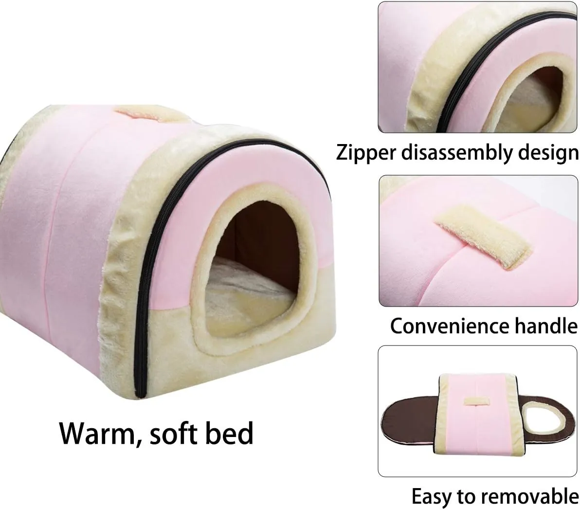 Hollypet Crystal Velvet Cat Bed, Self-Warming 2 in 1 Foldable Cave House Shape Nest Pet Sleeping Bed for Cats, Pink