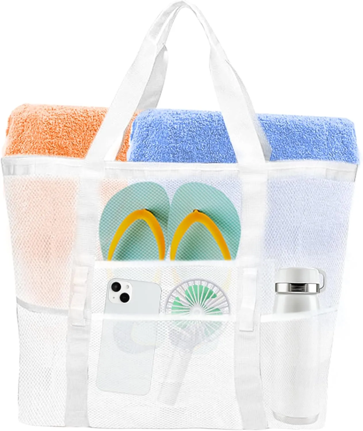 Large Mesh Beach Bag - Lightweight & Foldable Family Beach Bag with 9 Pockets for Toys, Towels & Vacation Essentials