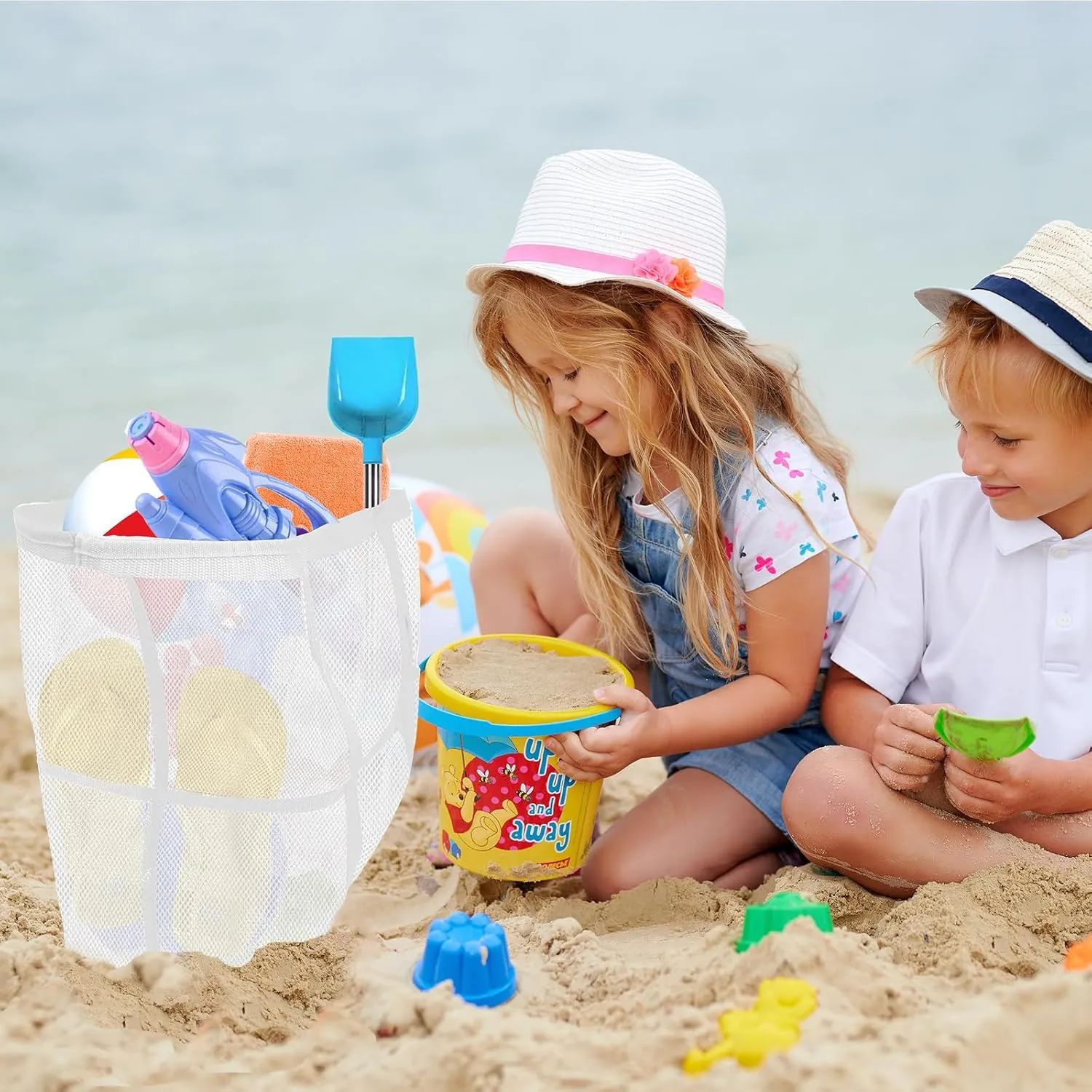 Large Mesh Beach Bag - Lightweight & Foldable Family Beach Bag with 9 Pockets for Toys, Towels & Vacation Essentials