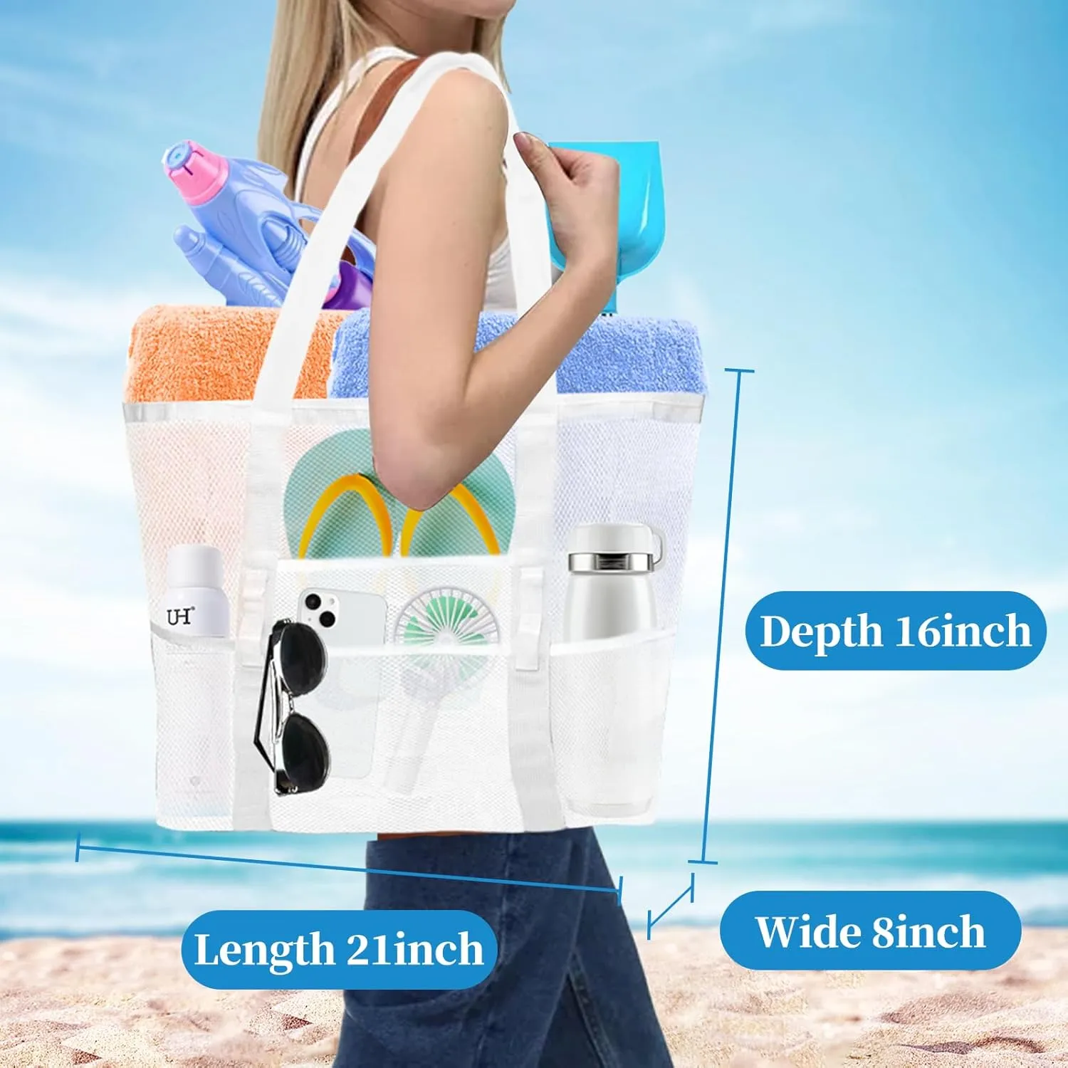 Large Mesh Beach Bag - Lightweight & Foldable Family Beach Bag with 9 Pockets for Toys, Towels & Vacation Essentials