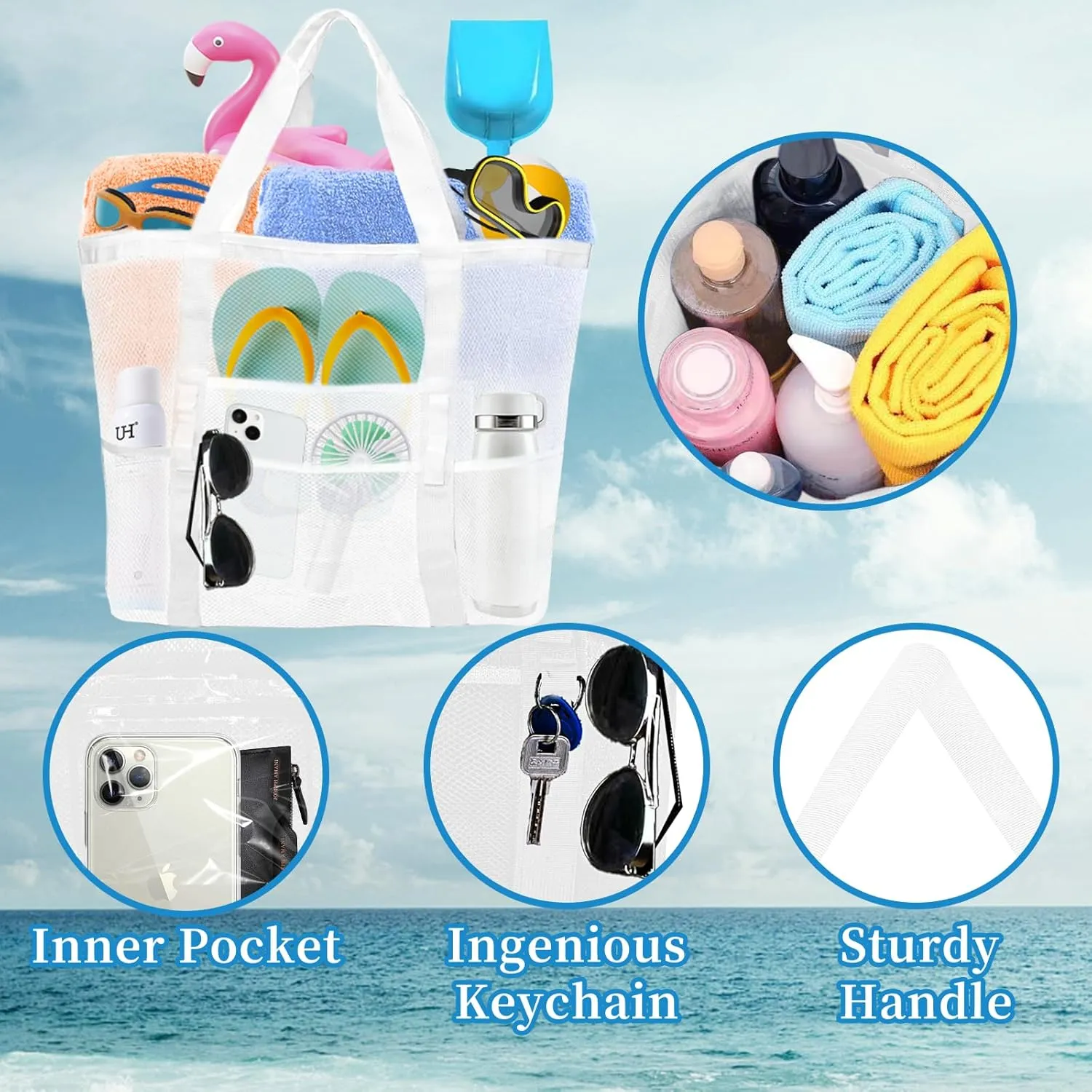 Large Mesh Beach Bag - Lightweight & Foldable Family Beach Bag with 9 Pockets for Toys, Towels & Vacation Essentials