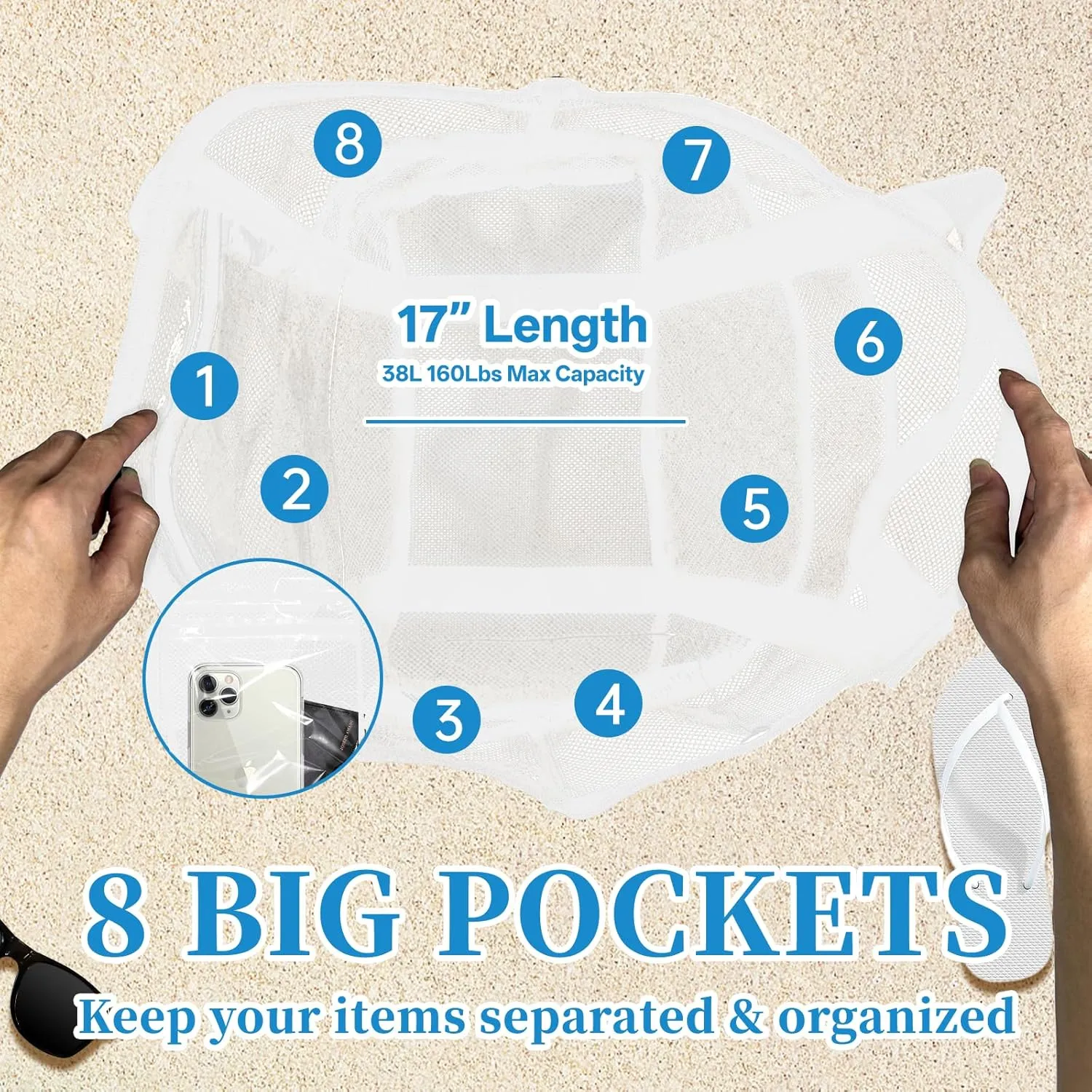 Large Mesh Beach Bag - Lightweight & Foldable Family Beach Bag with 9 Pockets for Toys, Towels & Vacation Essentials