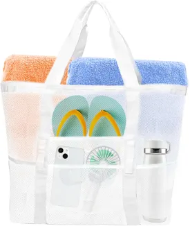 Large Mesh Beach Bag - Lightweight & Foldable Family Beach Bag with 9 Pockets for Toys, Towels & Vacation Essentials