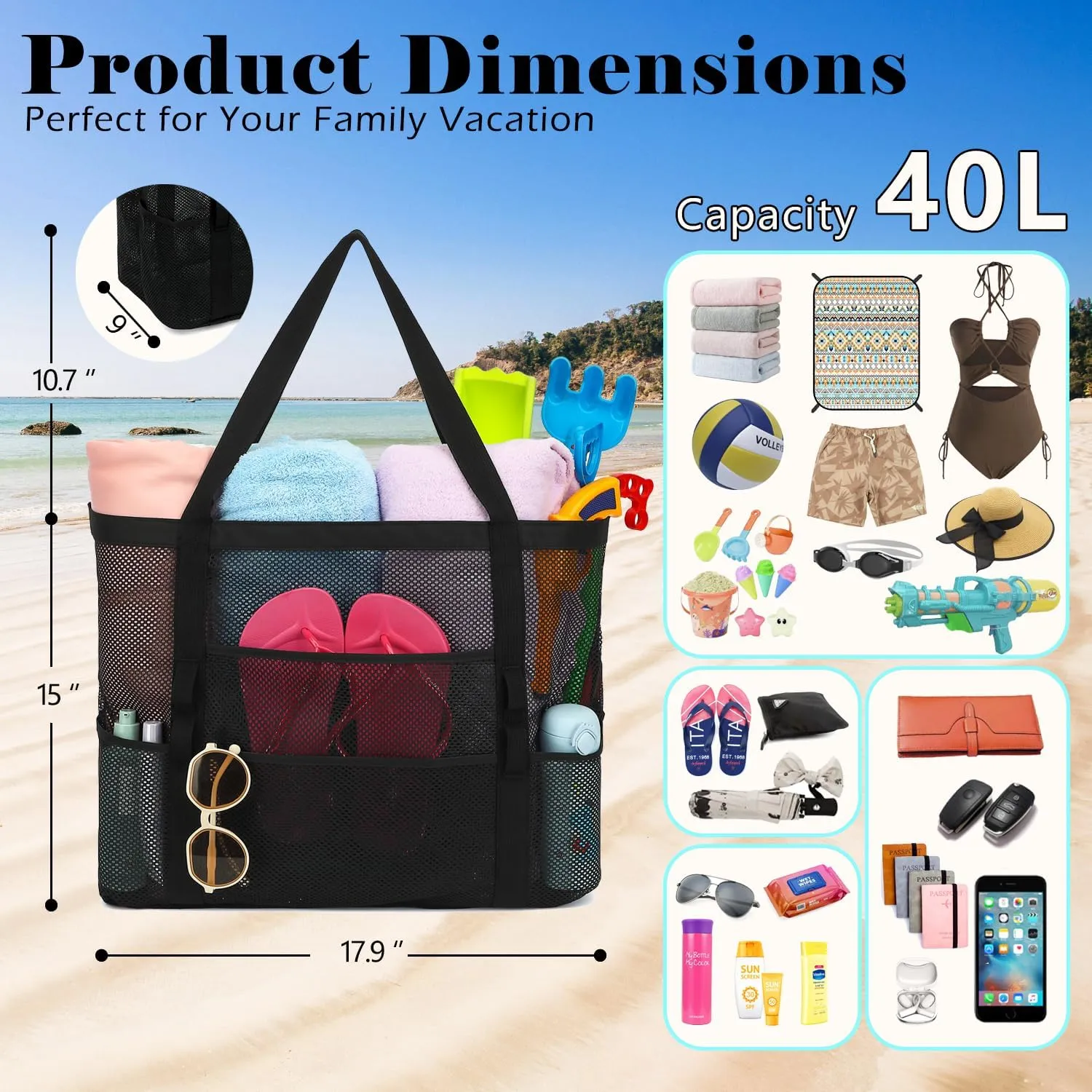 Mesh Beach Bag - Large Beach Tote Bag with Multiple Pockets for Family Beach Bag for Toys & Vacation Essentials