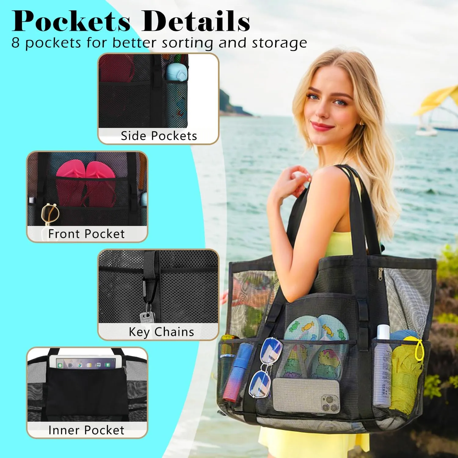 Mesh Beach Bag - Large Beach Tote Bag with Multiple Pockets for Family Beach Bag for Toys & Vacation Essentials