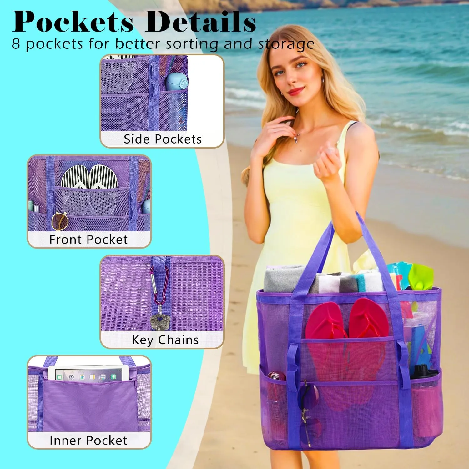 Mesh Beach Bag - Large Beach Tote Bag with Multiple Pockets for Family Beach Bag for Toys & Vacation Essentials