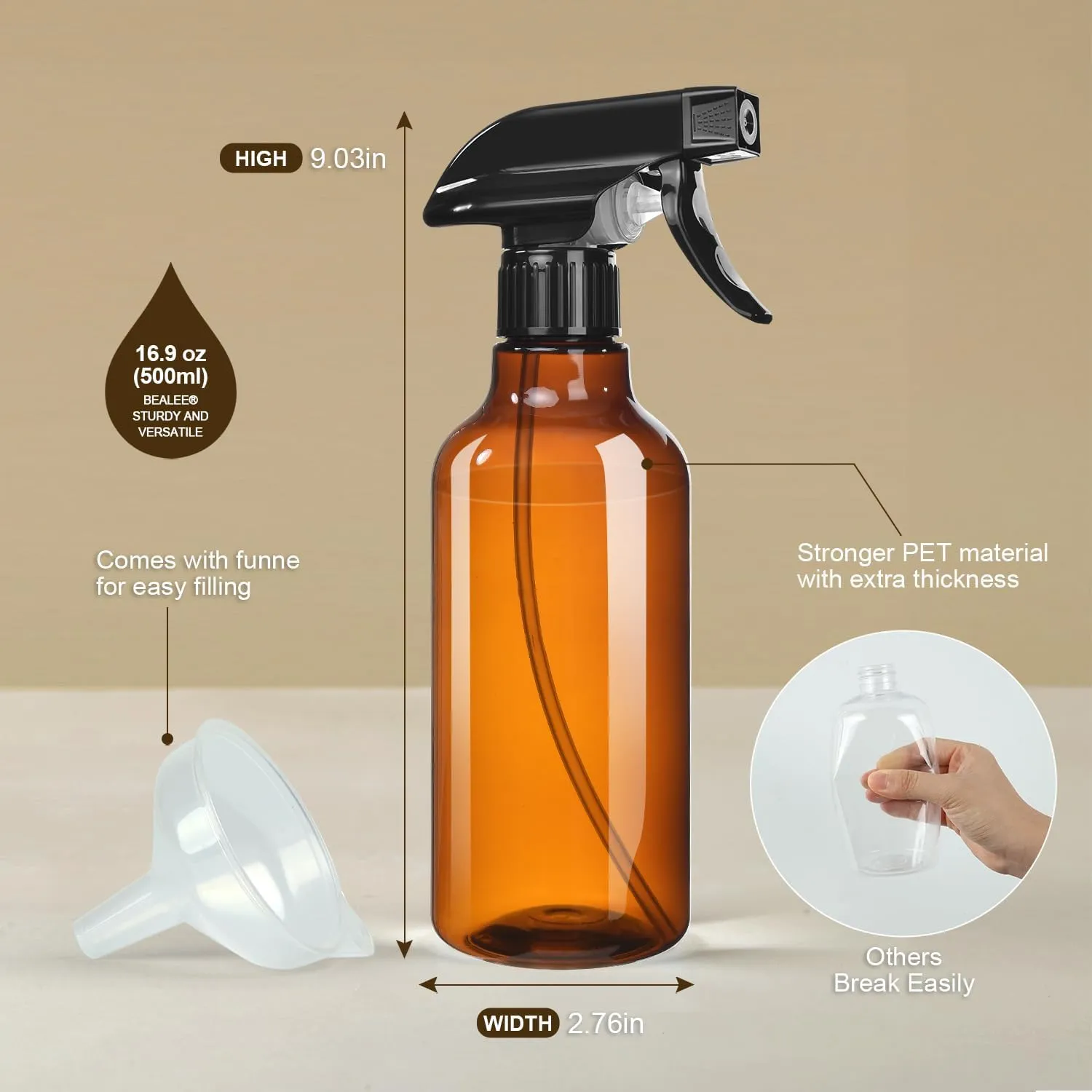 Plastic Spray Bottles, 2-Pack, 16.9 Oz, Mist & Stream, Heavy Duty Spraying, Empty Water Spray Bottle for Cleaning Solutions, Essential Oils, Hair, Plants, BBQ, Cat Dog Behavior Correction (Amber)