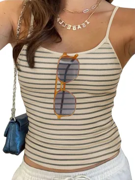 REORIA Women Spaghetti Strap Striped Tank Top Summer Sleeveless Ribbed Y2K Going Out Cami Crop Tops