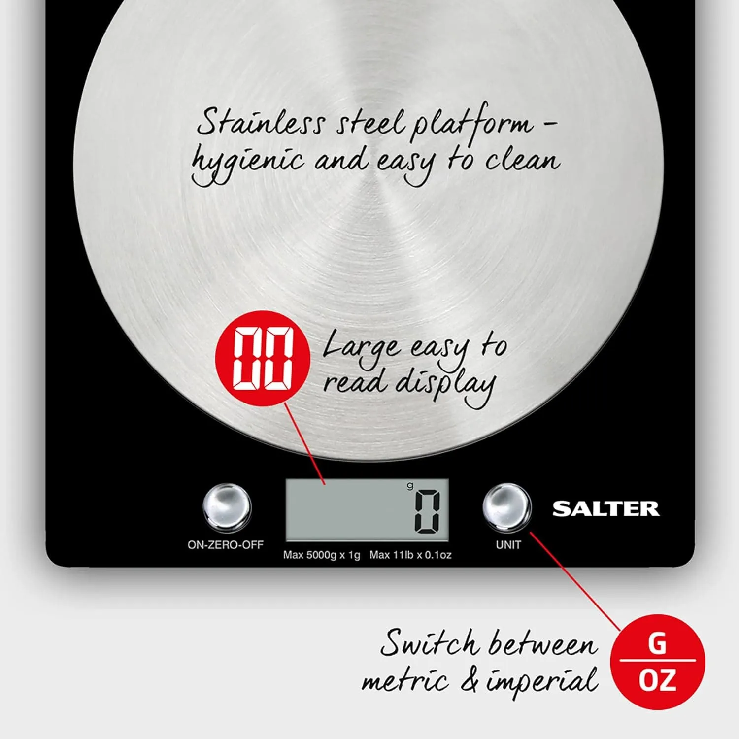 Salter Digital Kitchen Scale 5kg - Stainless Steel Food Scale with LCD Display, Tare Function & Liquid Measurement