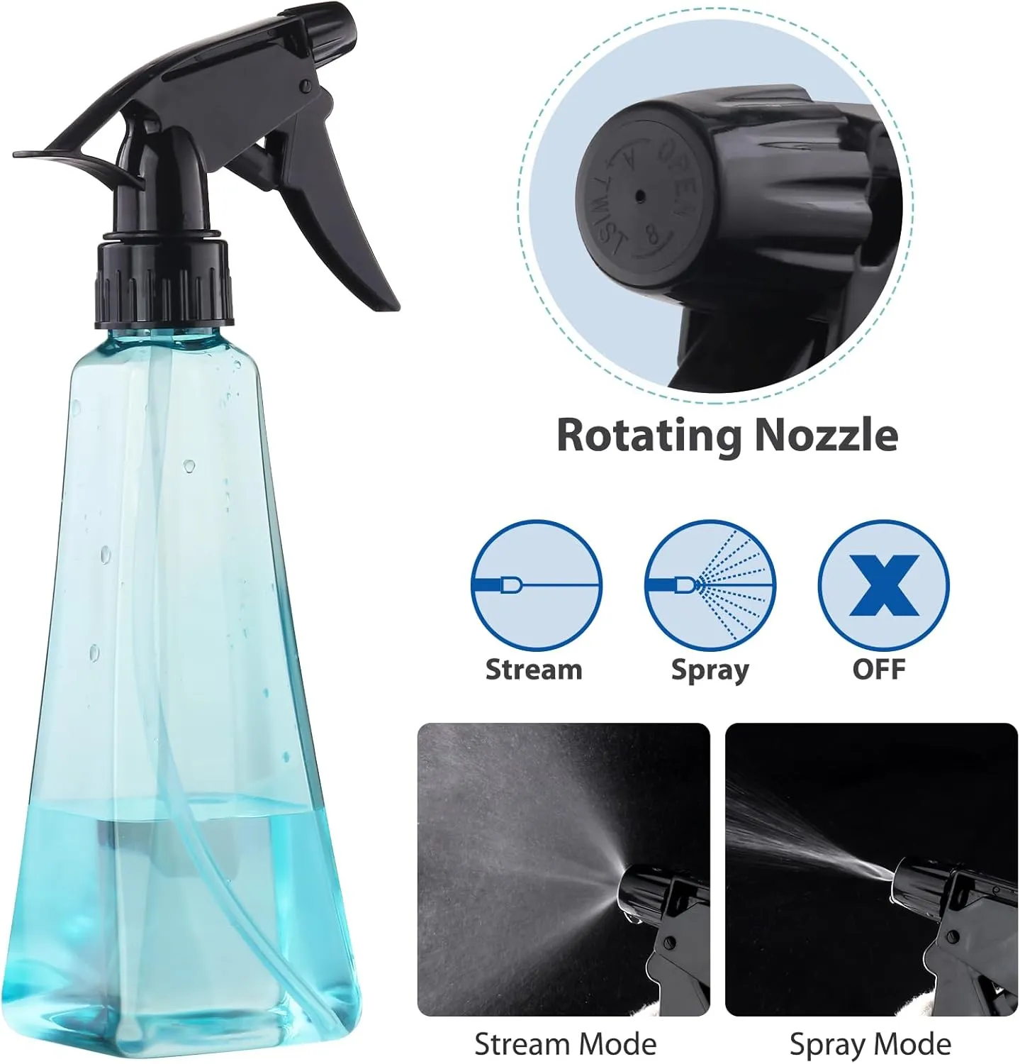 Spray Bottles (2-Pack, 12 Oz.) Mist/Stream, Plastic Water Spray Bottle for Hair, Plants, Cleaning, Cooking, BBQ, Pet - Empty Spray Bottles - Leak Proof - BPA-Free - Multicolor