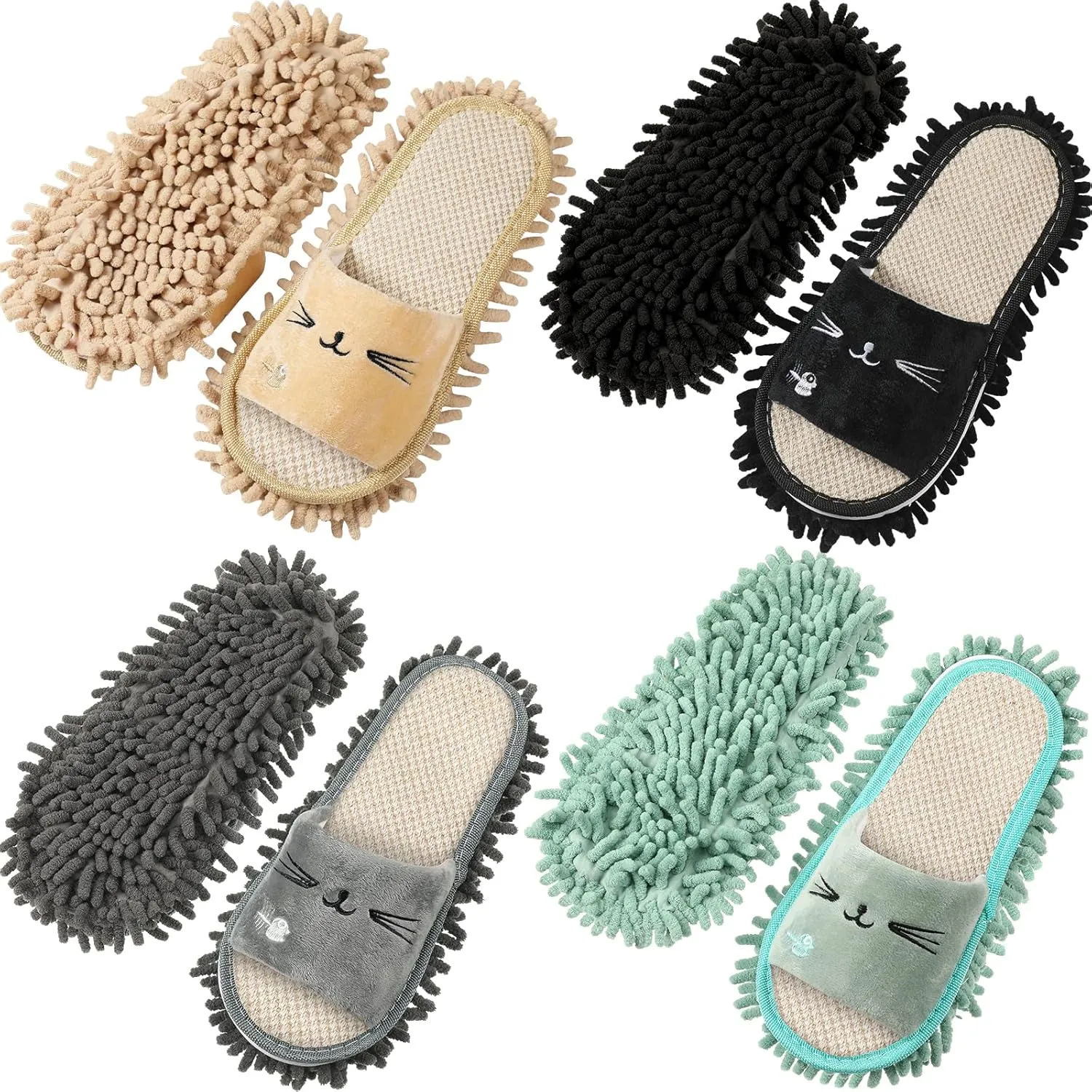 Wesiti 4 Pairs Washable Mop Slippers Microfiber Funny Mop Shoes Floor Cleaning Slippers for Women Home Floor (Black, Green, Grey, Nude)